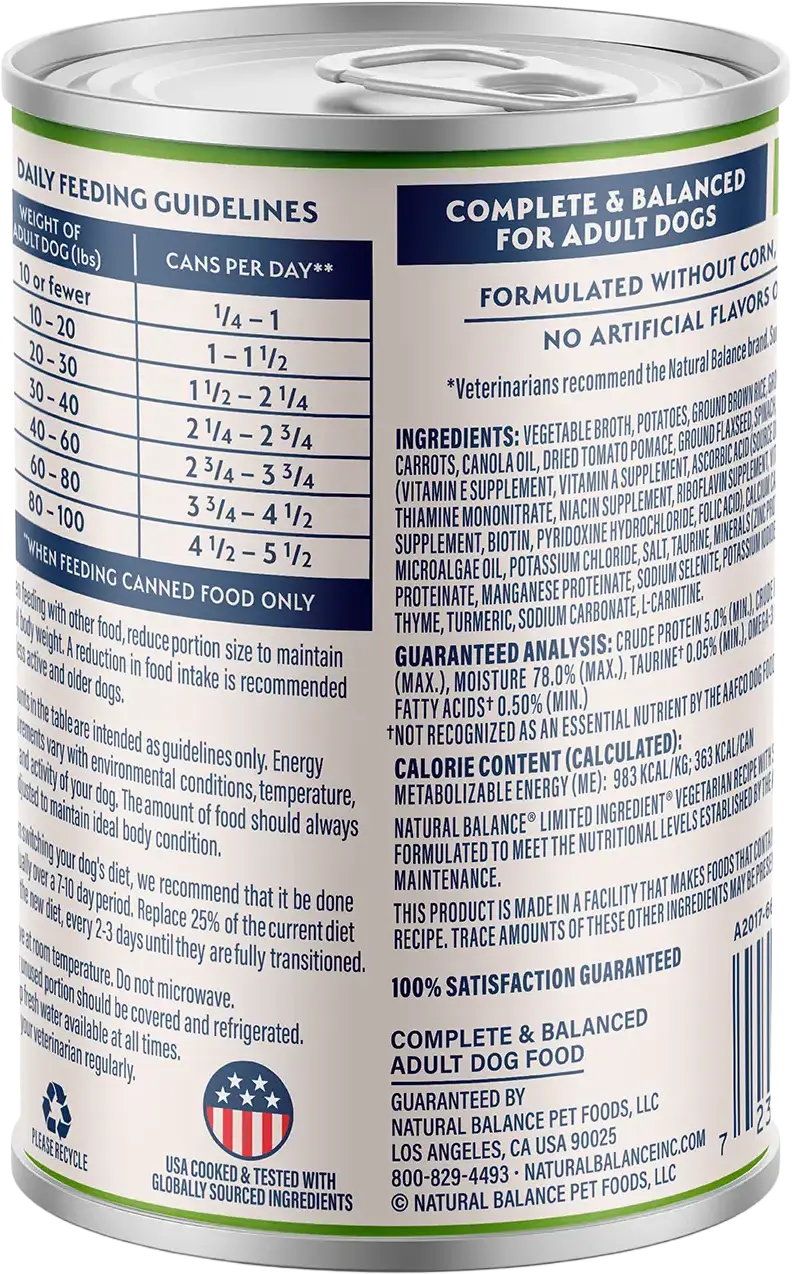Back of Natural Balance Pet Foods L.I.D Plant Powered Vegan Friendly Vegetarian Recipe Canned Dog Food 13-oz