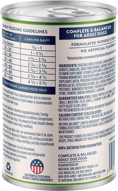Back of Natural Balance Pet Foods L.I.D Plant Powered Vegan Friendly Vegetarian Recipe Canned Dog Food 13-oz