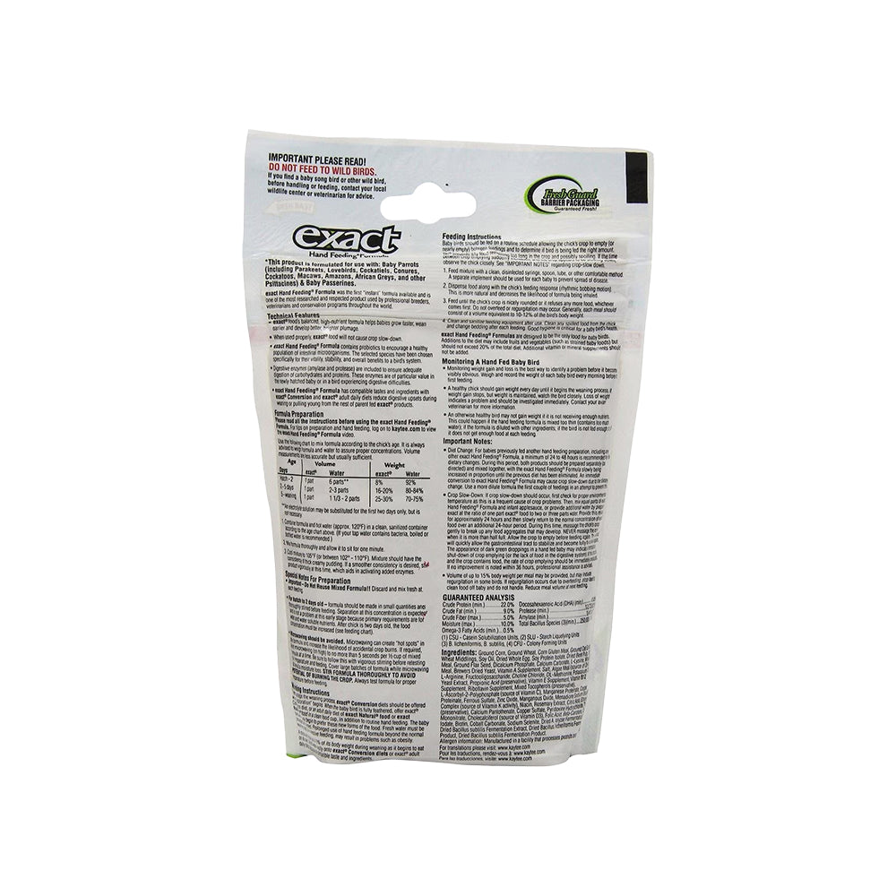 Back of Kaytee Exact Handfeeding Formula for Baby Birds 7.5-oz