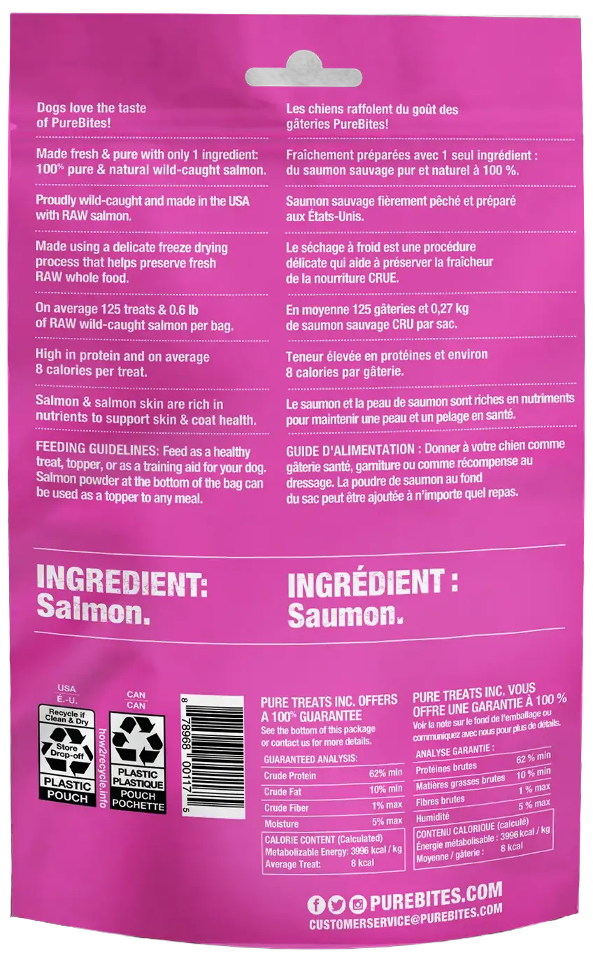 Back of PureBites Salmon Freeze-Dried Pure Dog Treats 2.47-oz