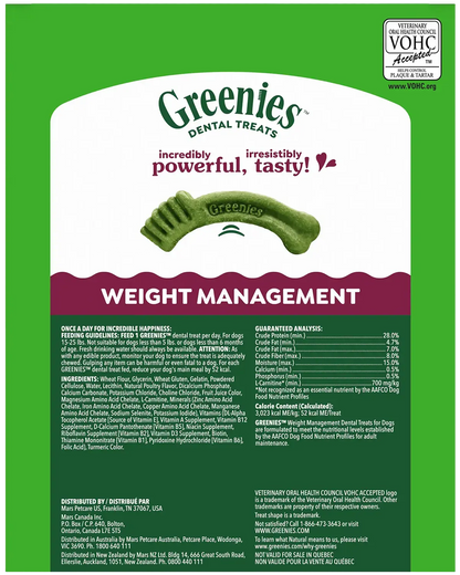 Back of Greenies Weight Management Dog Dental Treats Petite 45 Count 27-oz
