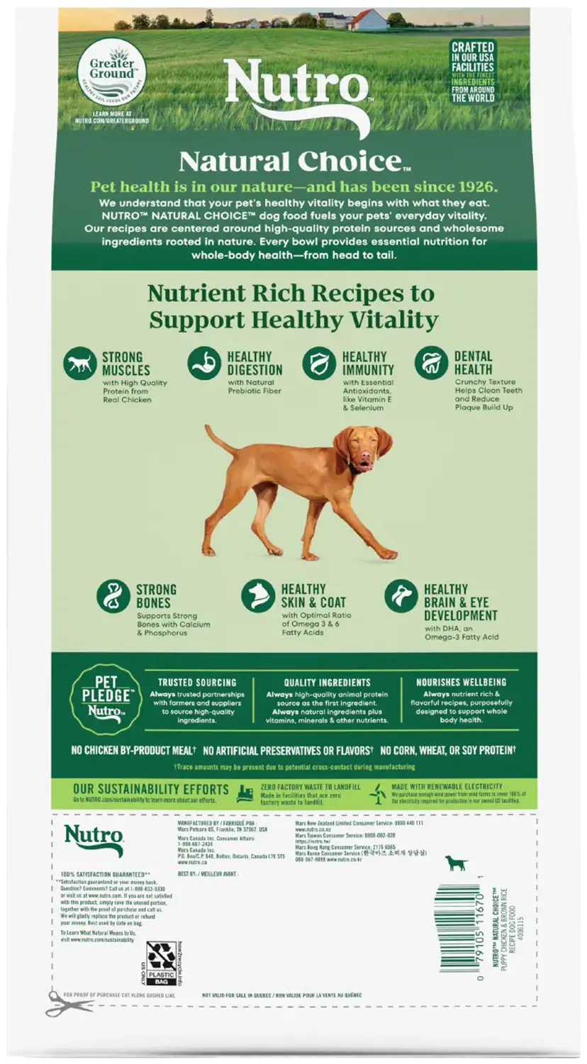 Back of Nutro Natural Choice Chicken & Brown Rice Puppy Dry Food 5-lb