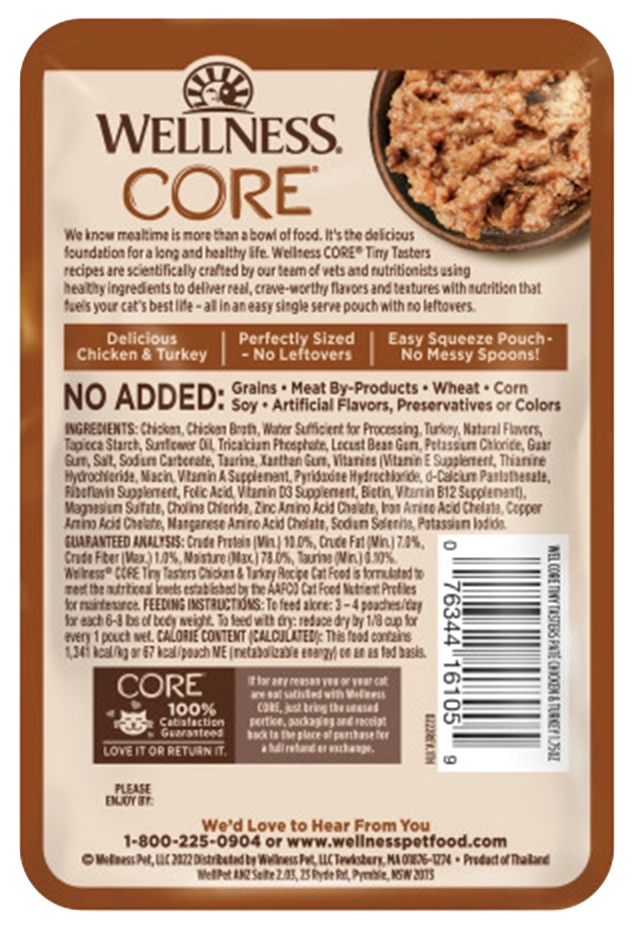 Back of Wellness CORE Tiny Tasters Grain-Free Pate Wet Cat Food Chicken & Turkey 1.75-oz