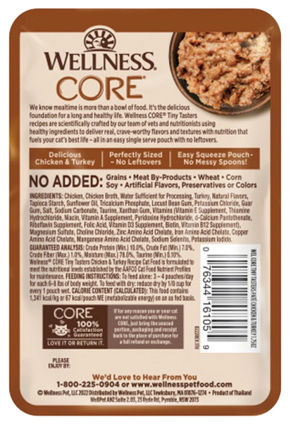 Back of Wellness CORE Tiny Tasters Grain-Free Pate Wet Cat Food Chicken & Turkey 1.75-oz