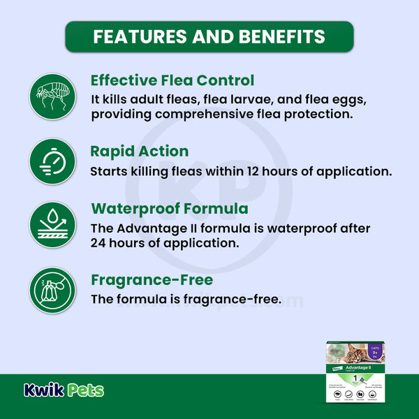 Features & Benefits of Elanco Advantage II 1-Month Supply Topical Flea Treatment & Prevention for Large Cats Over 9 lbs