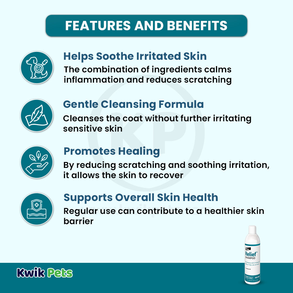Features & Benefits of Elanco Relief Shampoo with Pramoxine & Colloidal Oatmeal for Dogs & Cats 12-oz