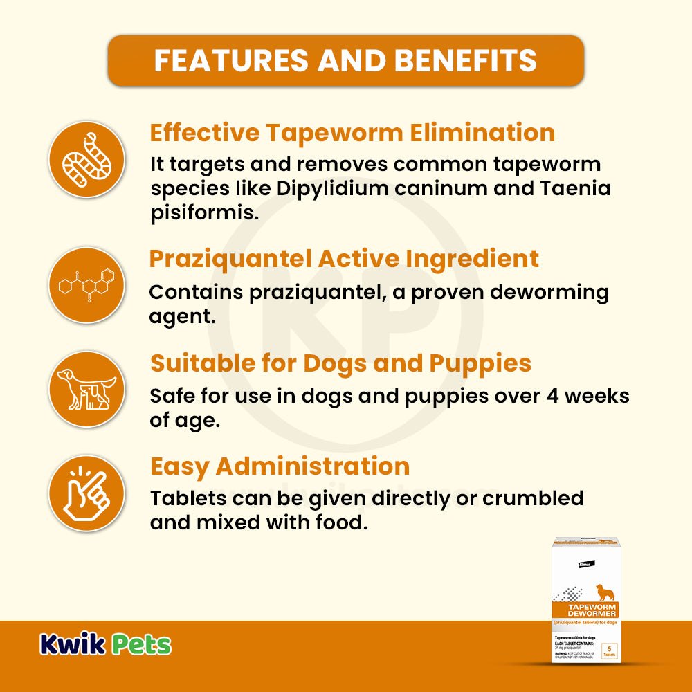 Features & Benefits of Elanco Tapeworm Dewormer (praziquantel tablets) for Dogs & Puppies 5 Count
