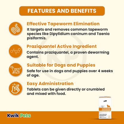 Features & Benefits of Elanco Tapeworm Dewormer (praziquantel tablets) for Dogs & Puppies 5 Count