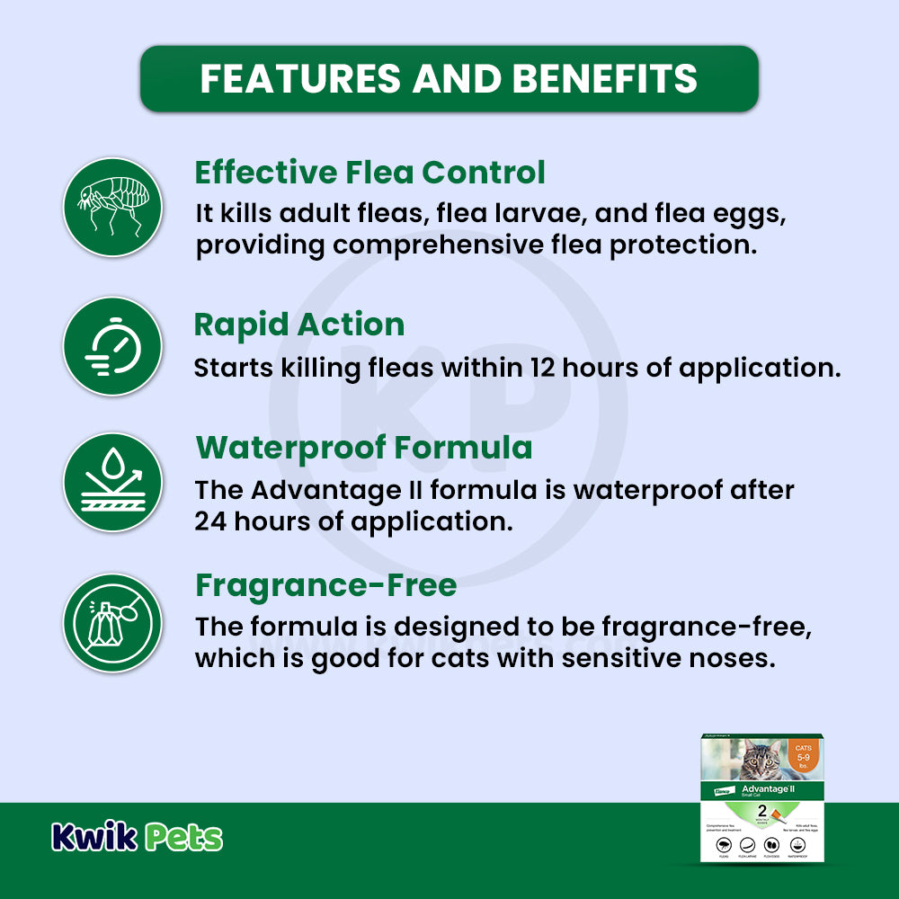 Features & Benefits of Elanco Advantage II 2-Month Supply Topical Flea Treatment & Prevention for Small Cats 5-9 lbs