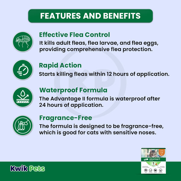Features & Benefits of Elanco Advantage II 1-Month Supply Topical Flea Treatment & Prevention for Small Cats 5-9 lbs