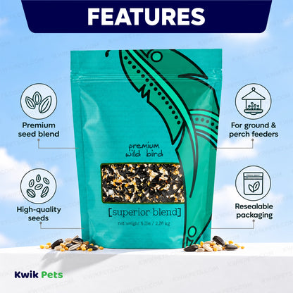 Features of Volkman Seed Company Premium Superior Blend Wild Bird Food 5-lb