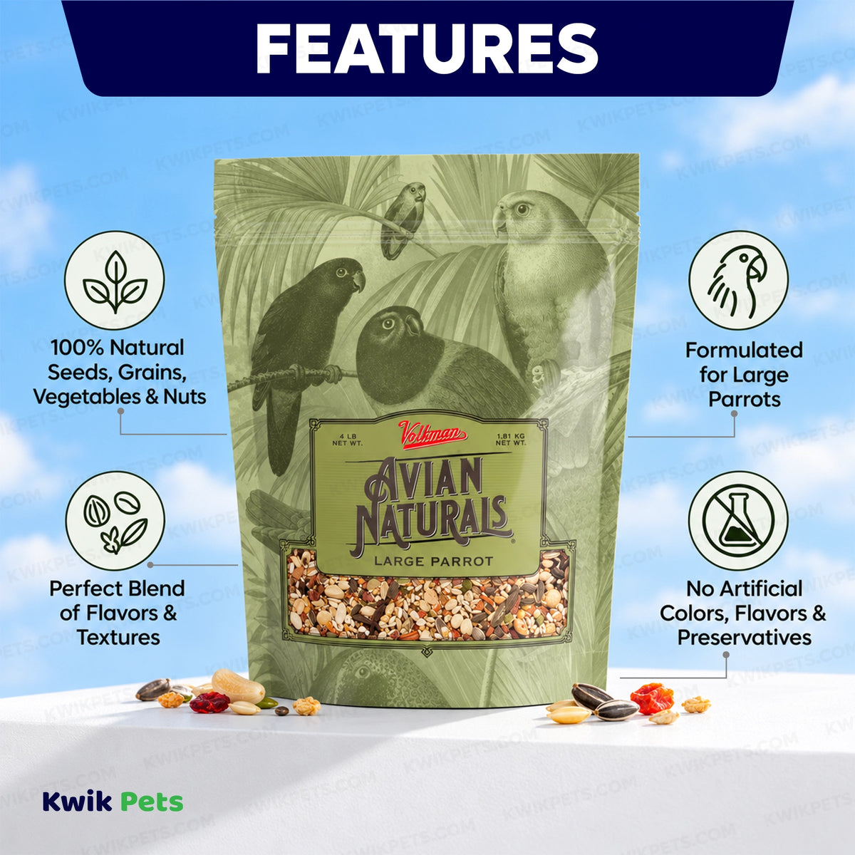 Features of Volkman Seed Company Avian Naturals Large Parrot Bird Food 4-lb