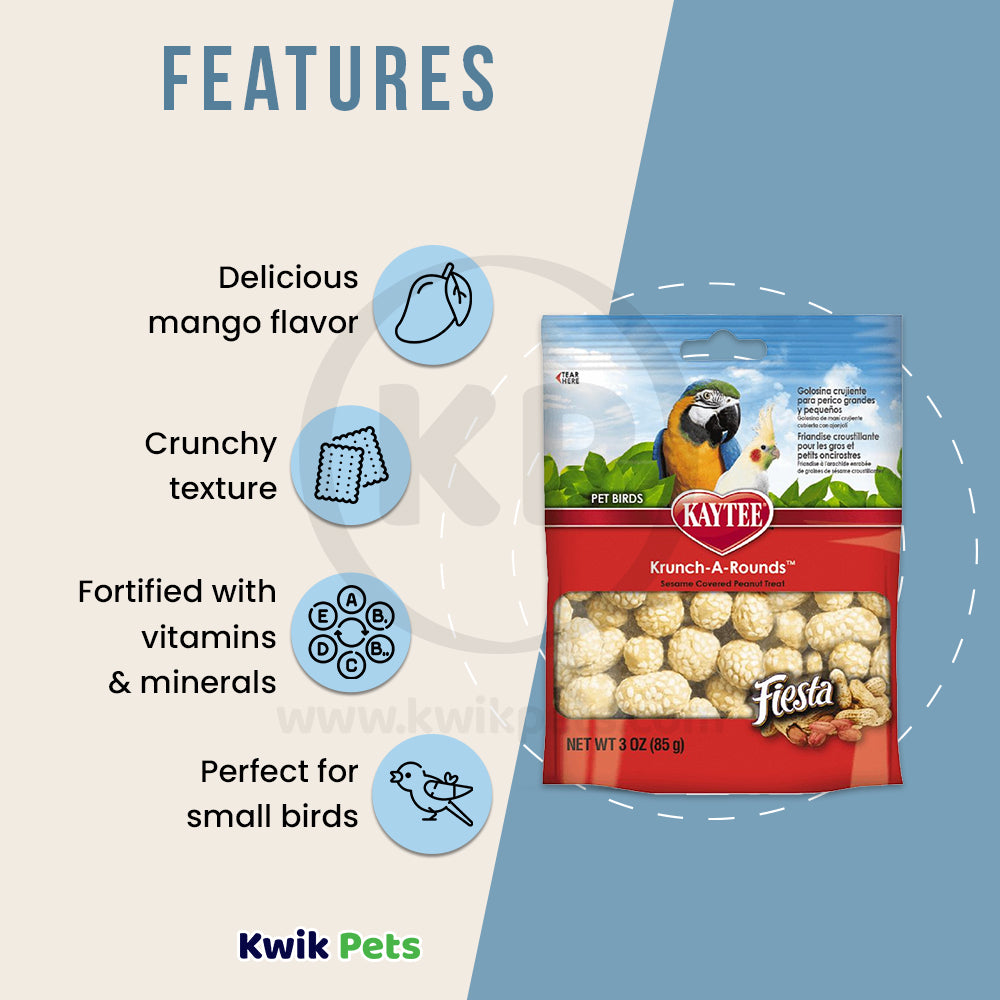 Features of Kaytee Krunch-A-Rounds Sesame Covered Peanut Treat for All Hookbills 3-oz
