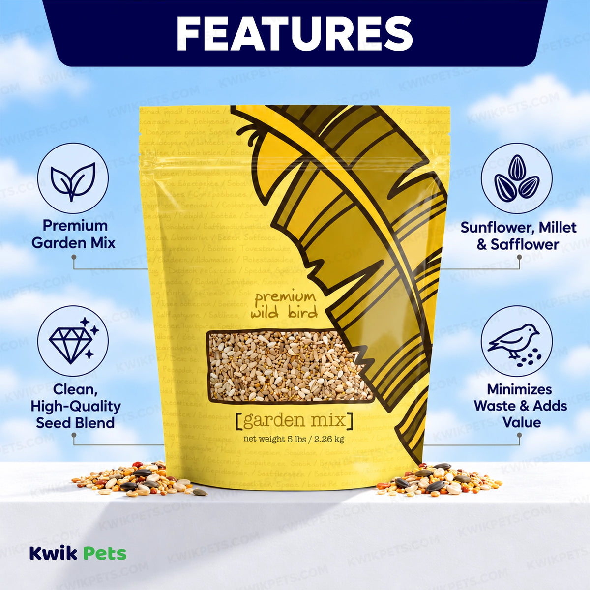 Features of Volkman Seed Company Premium Garden Mix Wild Bird Food 5-lb