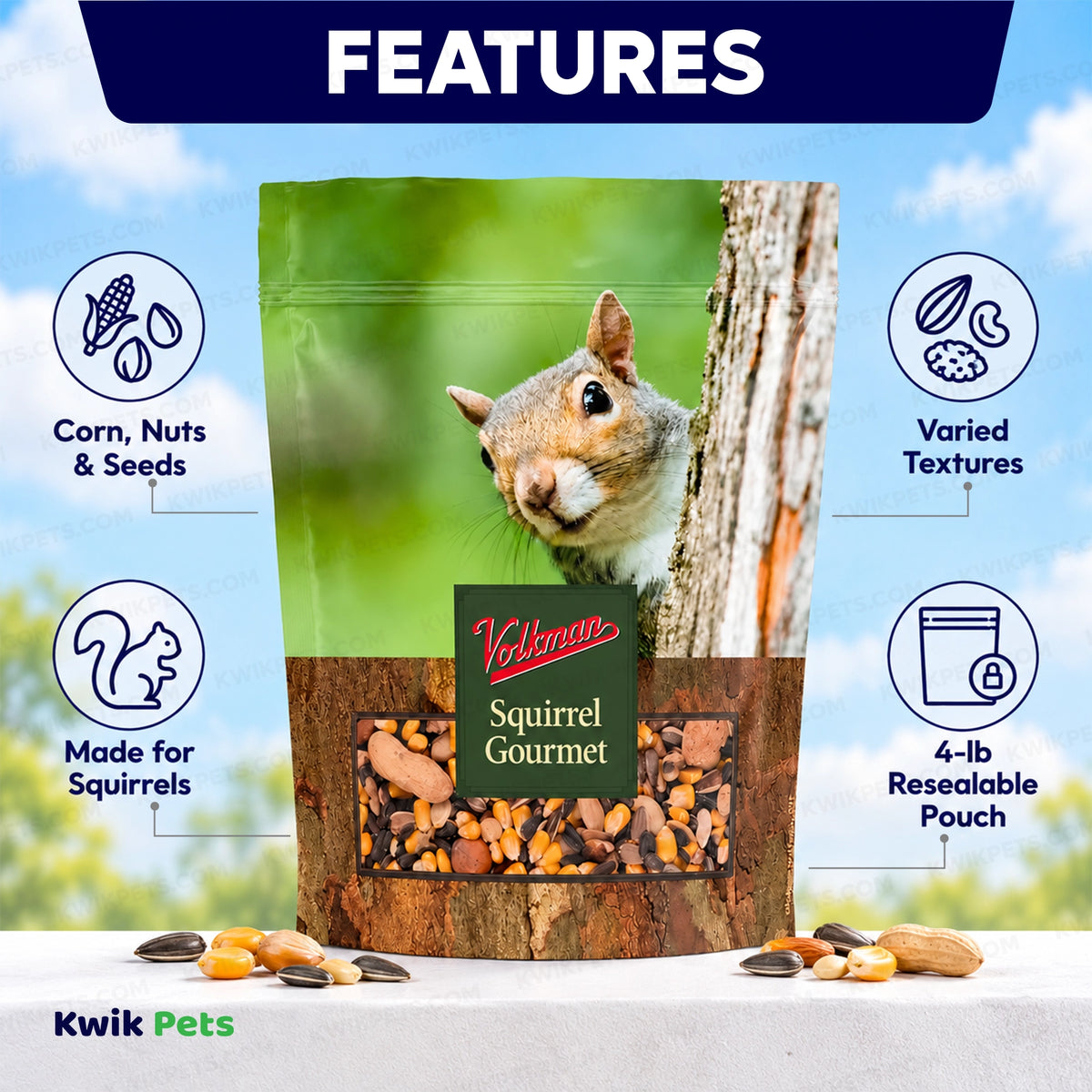 Features of Volkman Seed Company Small Animal Squirrel Gourmet Mix Dry Food 4-lb