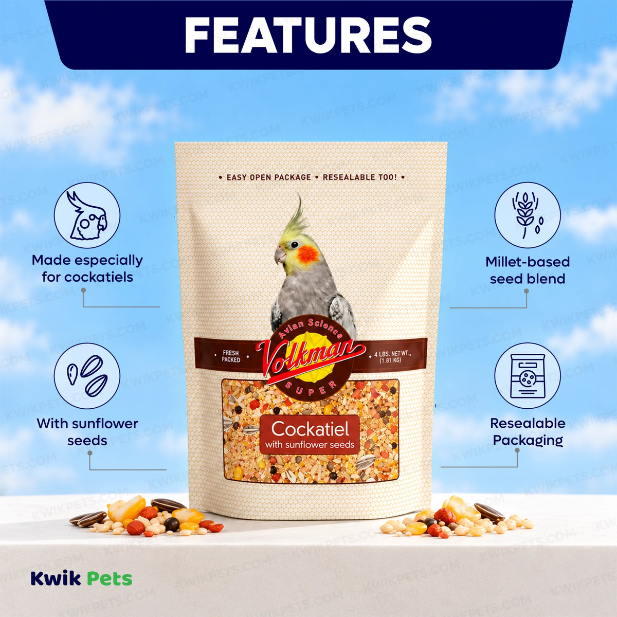 Features of Volkman Seed Company Avian Science Super Cockatiel Bird Treat with Sunflower Seed 4-lb
