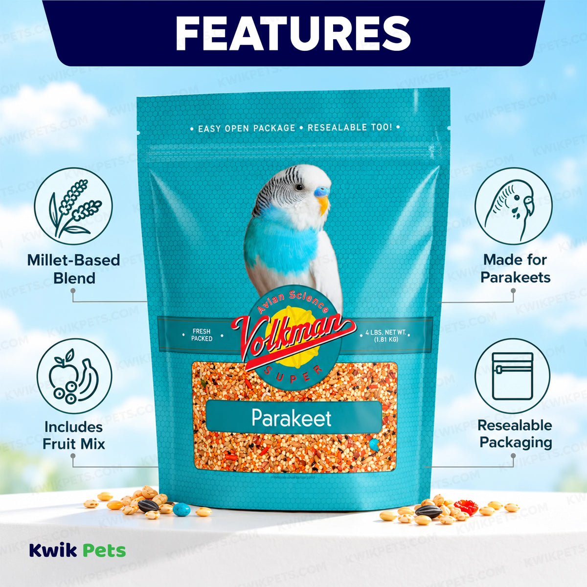 Features of Volkman Seed Company Avian Science Super Parakeet Bird Treat 4-lb