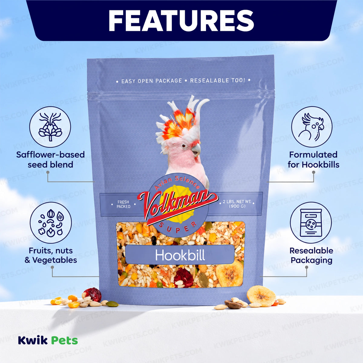Features of Volkman Seed Company Avian Science Super Hookbill Bird Treat 2-lb