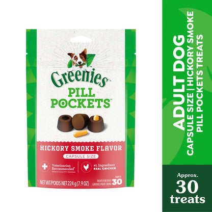 Front 2 of Greenies Capsule Pill Pockets Dog Treats Hickory Smoke 7.9-oz 30 Count