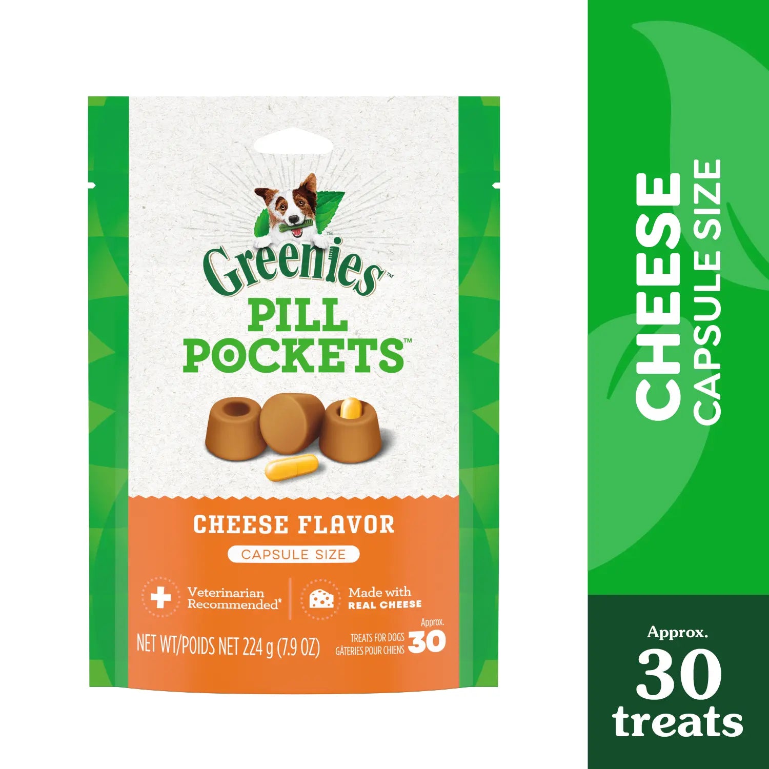 Front 2 of Greenies Capsule Pill Pockets Dog Treats Cheese 7.9-oz 30 Count
