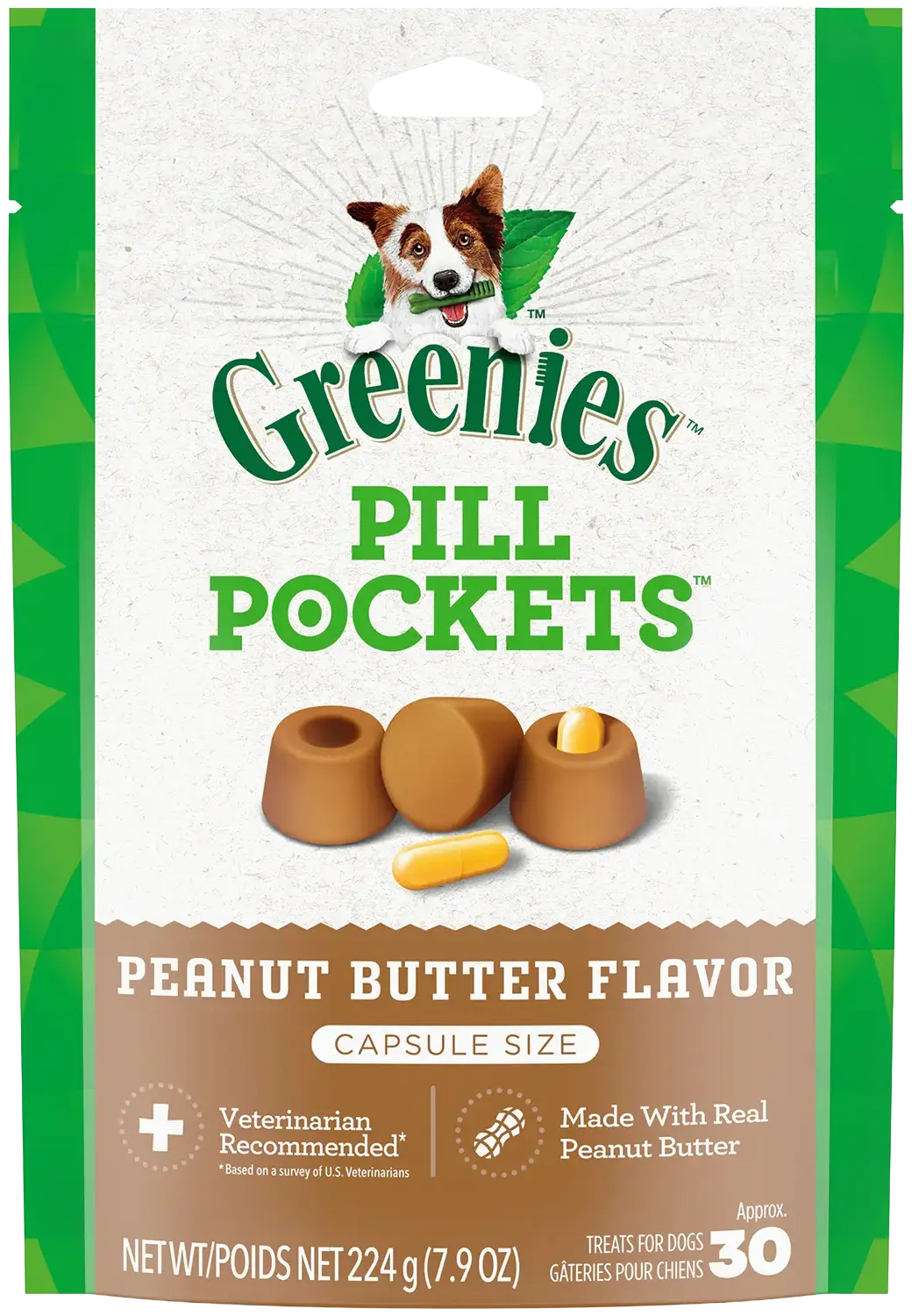 Front of Greenies Capsule Pill Pockets Dog Treats Peanut Butter 7.9-oz 30 Count