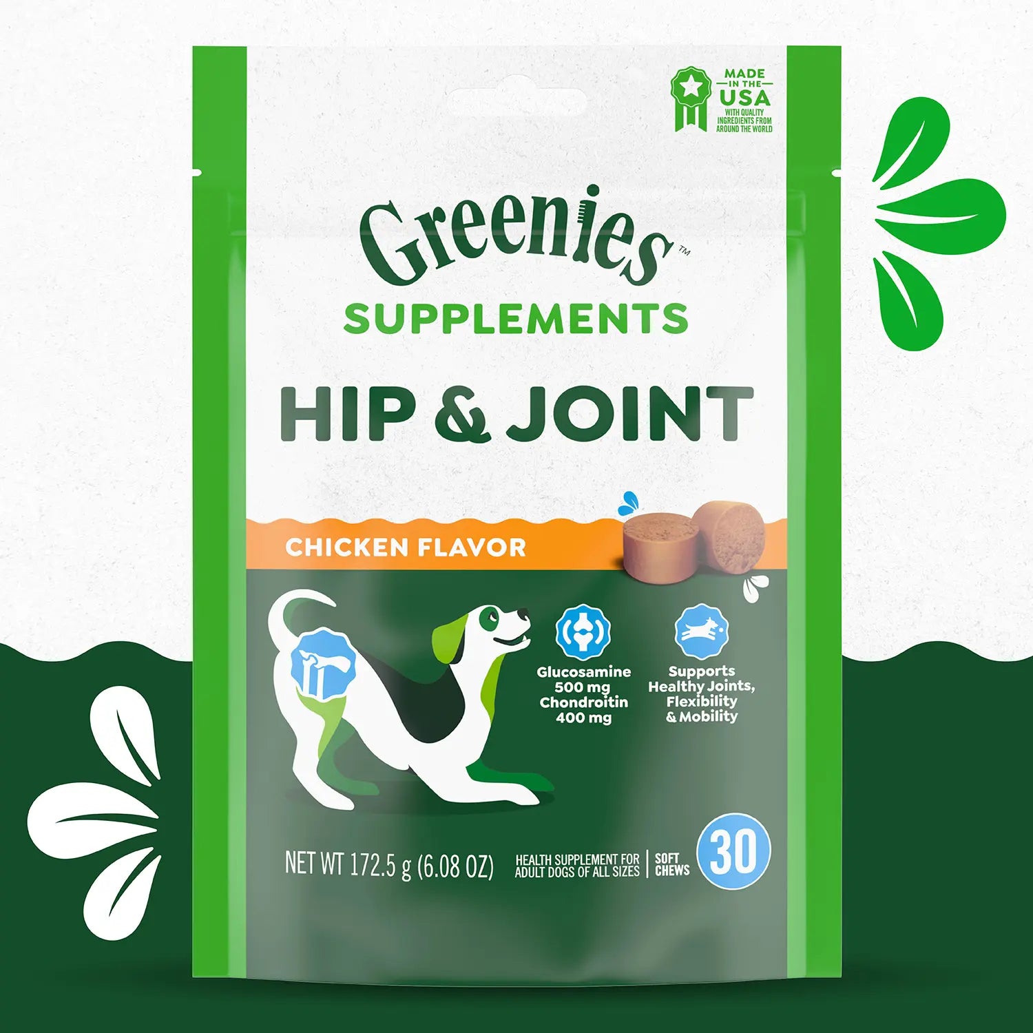 Front of Greenies Hip & Joint Supplement Soft Chews for Adult Dogs Chicken Flavor 30 Count 6.08-oz