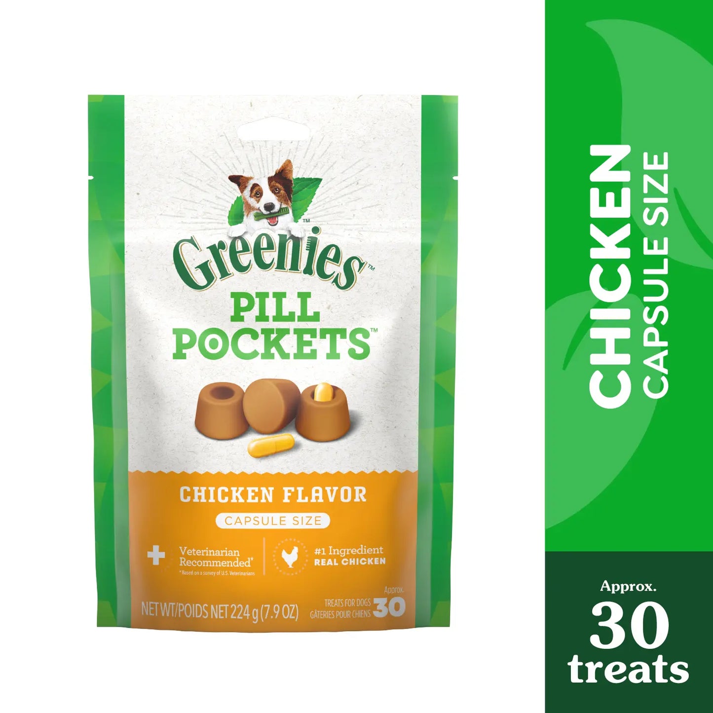Front 2 of Greenies Capsule Pill Pockets Dog Treats Chicken 7.9-oz 30 Count