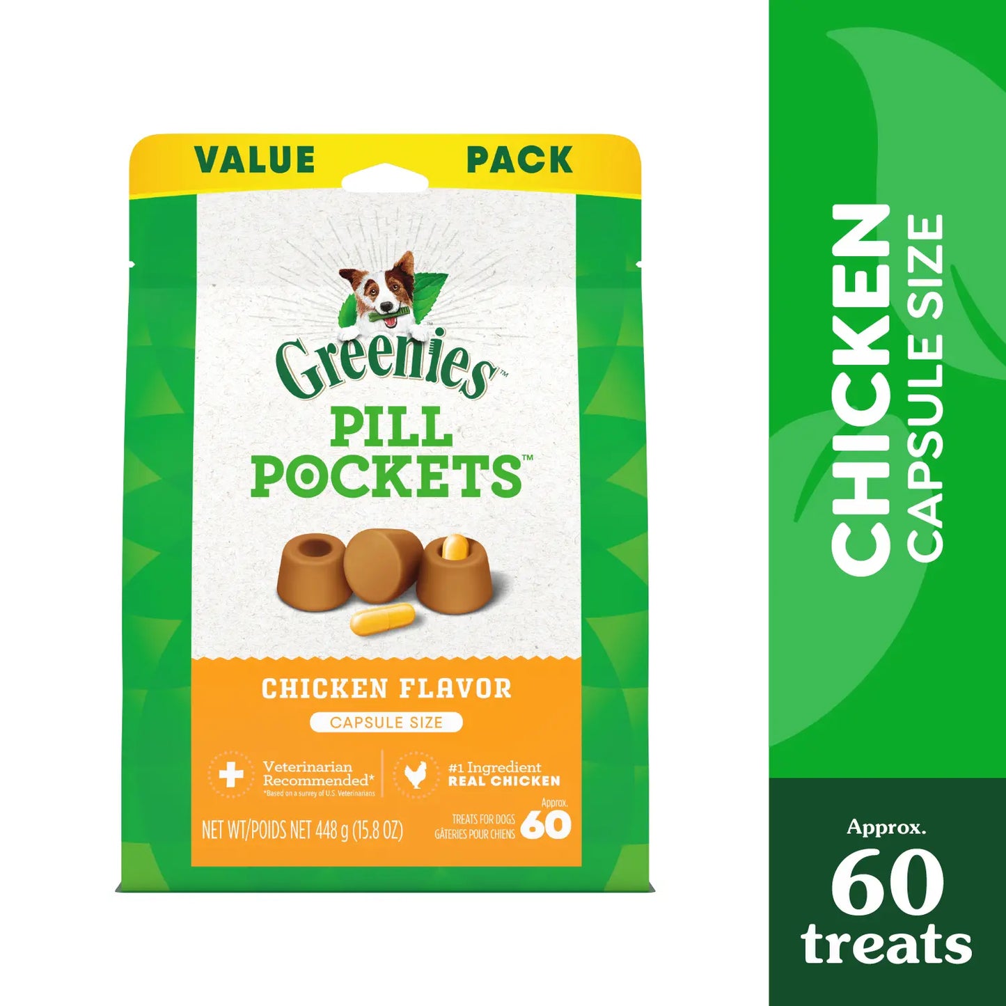 Front 2 of Greenies Capsule Pill Pockets Dog Treats Chicken 15.8-oz 60 Count