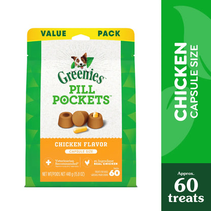 Front 2 of Greenies Capsule Pill Pockets Dog Treats Chicken 15.8-oz 60 Count
