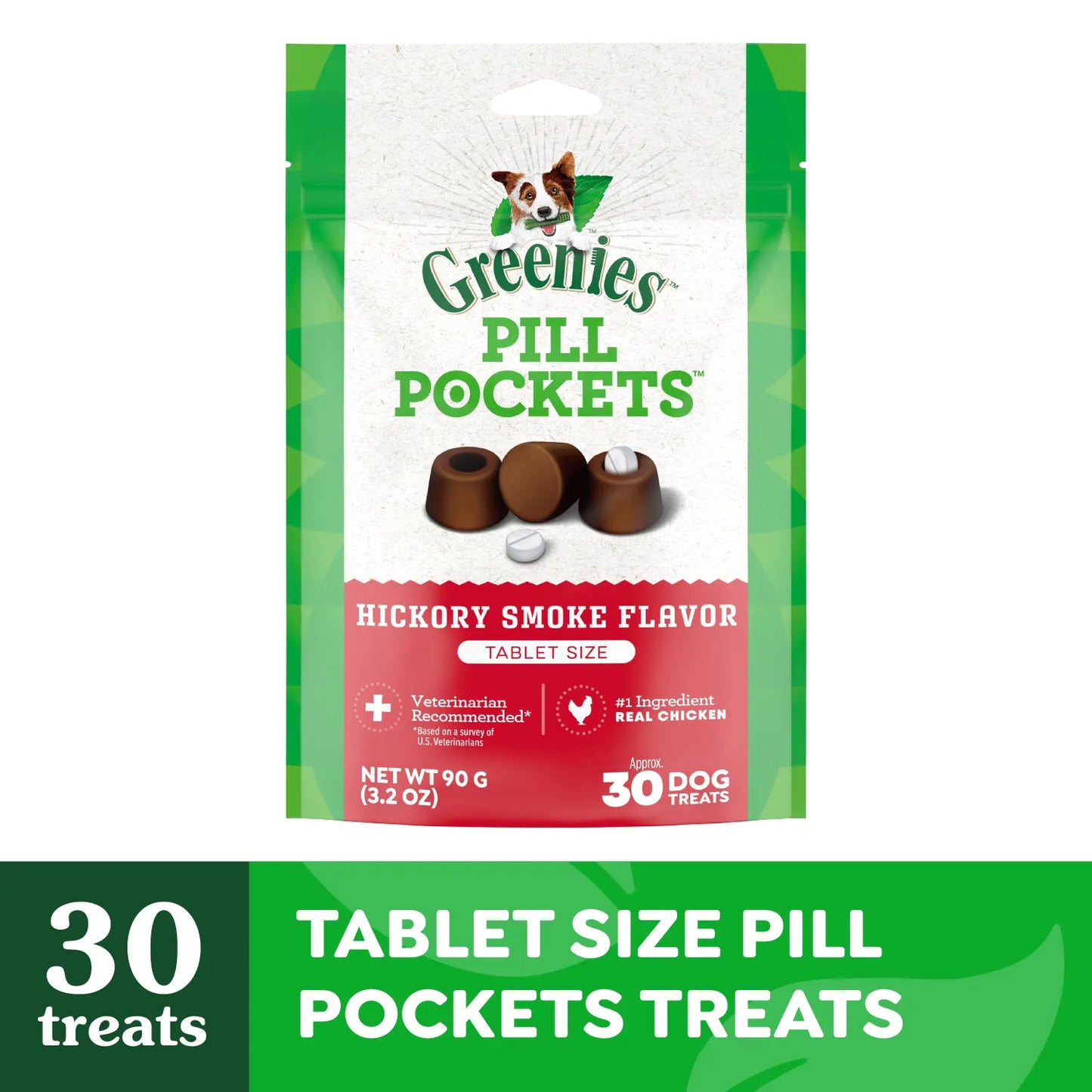 Front 2 of Greenies Tablet Pill Pockets Dog Treats Hickory Smoke 3.2-oz 30 Count