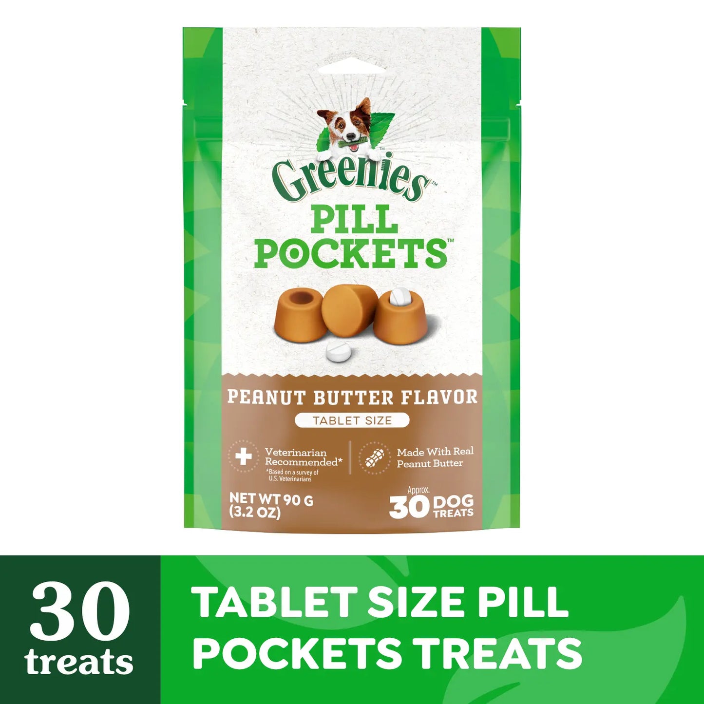 Front 2 of Greenies Tablet Pill Pockets Dog Treats Peanut Butter 3.2-oz 30 Count