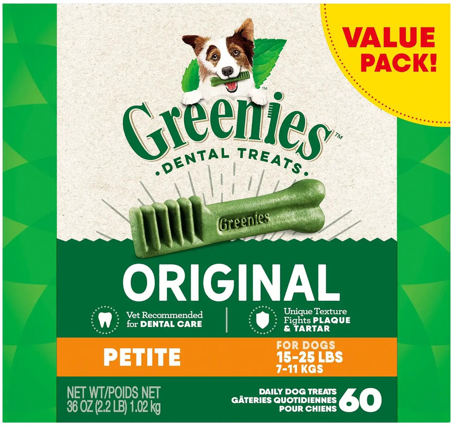 Front of Greenies Original Dog Dental Treats Petite 36-oz 60 Count