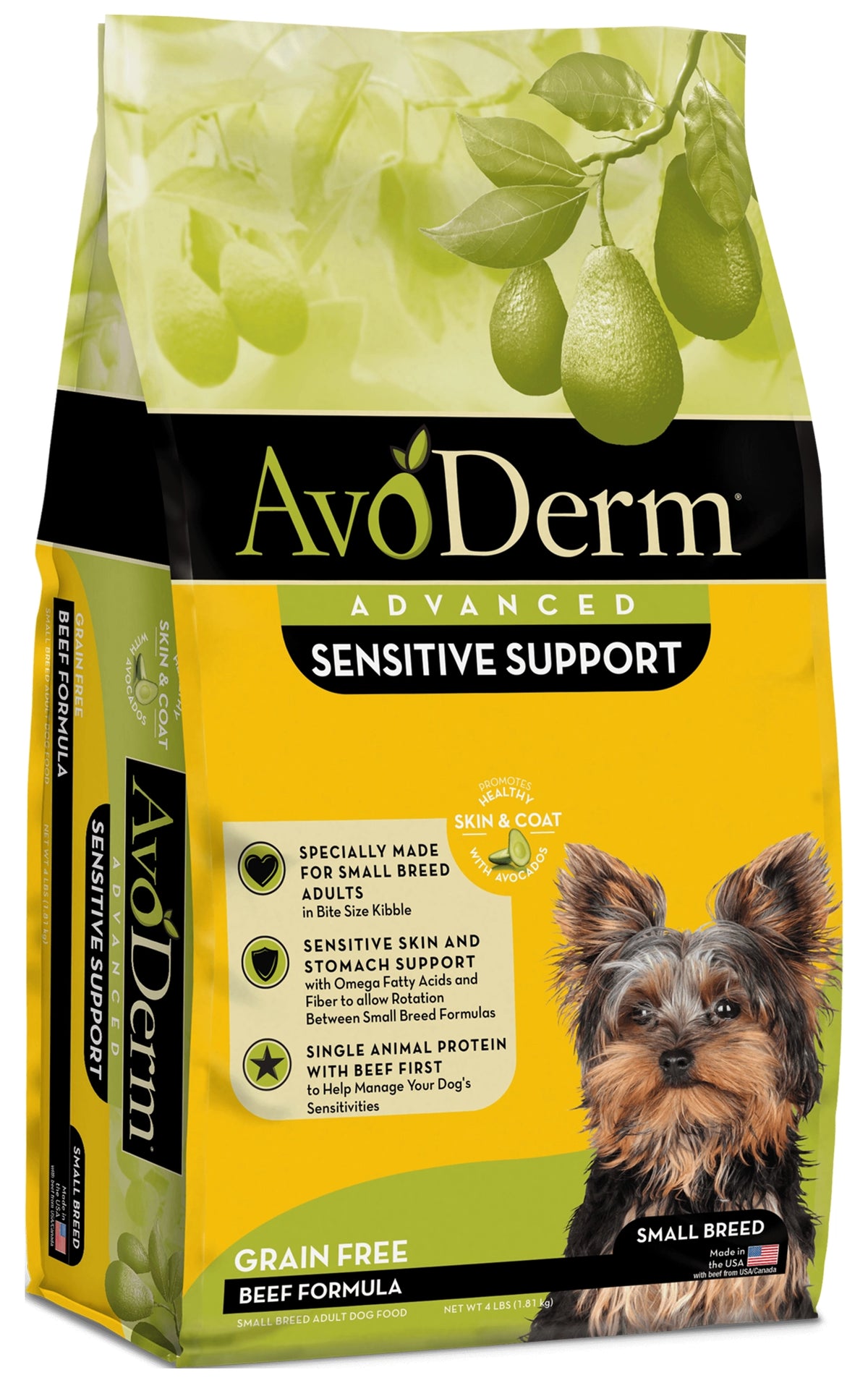 Front of AvoDerm Natural Advanced Sensitive Support Small Breed Beef Formula Adult Dry Dog Food 4-lb