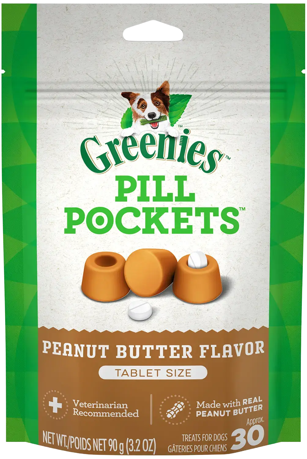 Front of Greenies Tablet Pill Pockets Dog Treats Peanut Butter 3.2-oz 30 Count