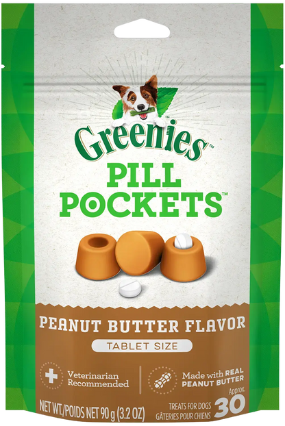 Front of Greenies Tablet Pill Pockets Dog Treats Peanut Butter 3.2-oz 30 Count