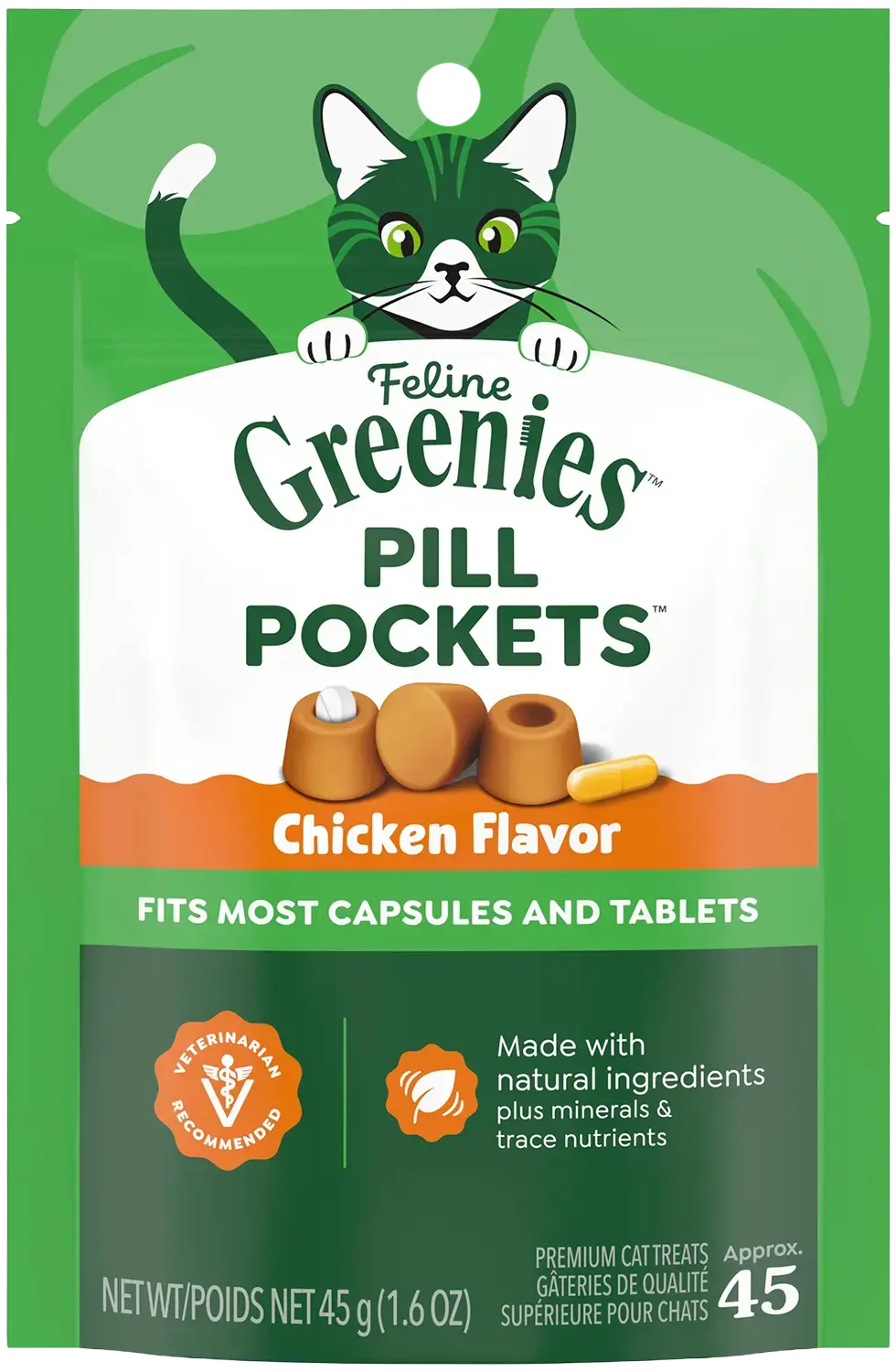Front of Greenies Feline Pill Pockets Cat Treats Chicken 1.6-oz 45 Count