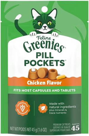 Front of Greenies Feline Pill Pockets Cat Treats Chicken 1.6-oz 45 Count