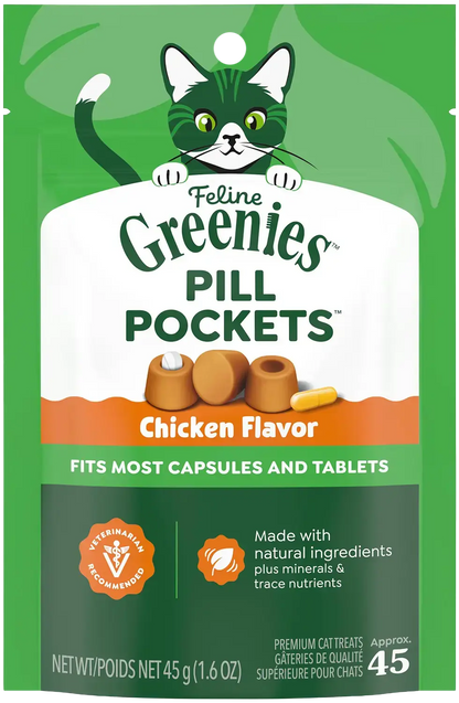 Front of Greenies Feline Pill Pockets Cat Treats Chicken 1.6-oz 45 Count