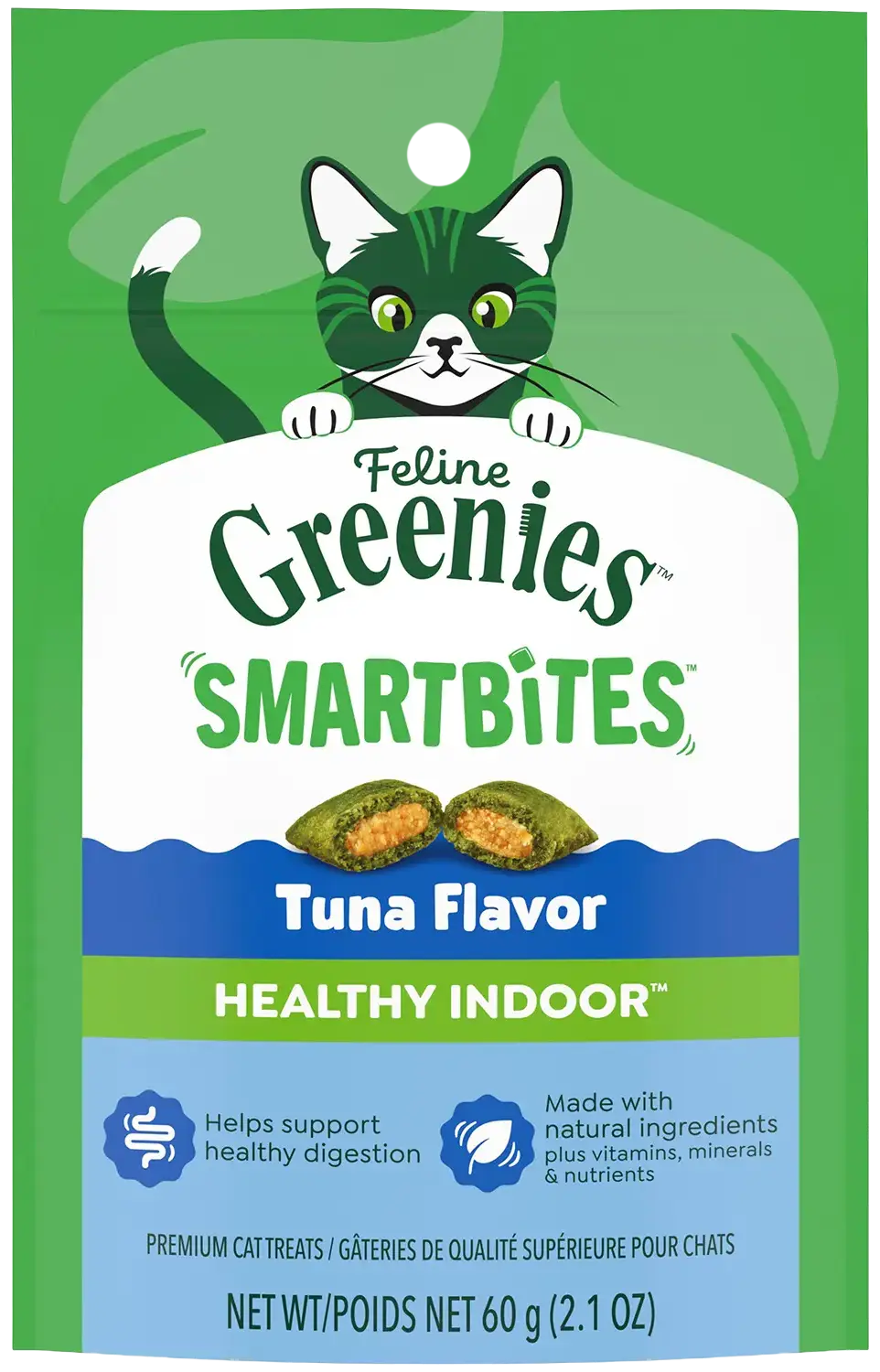 Front of Greenies Feline SmartBites Healthy Indoor Tuna Cat Treats 2.1-oz