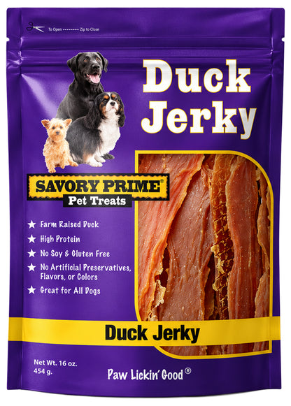 Front of Savory Prime Natural Duck Jerky Dog Treats 16-oz