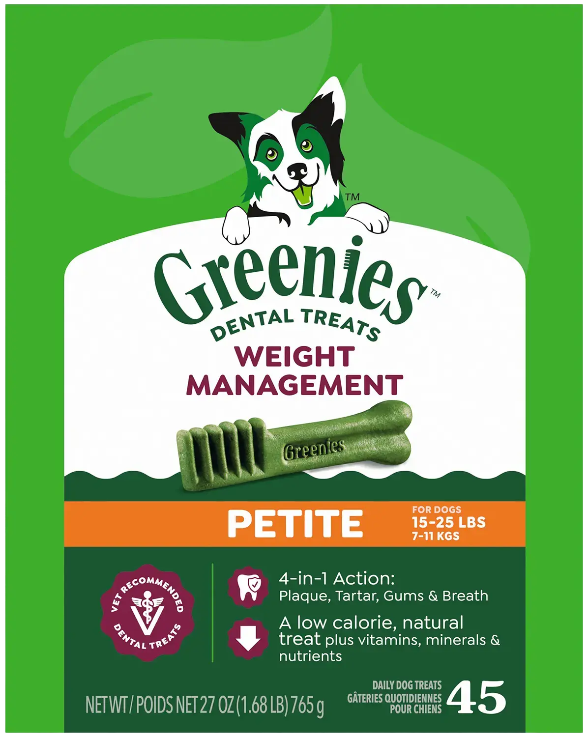 Front of Greenies Weight Management Dog Dental Treats Petite 45 Count 27-oz