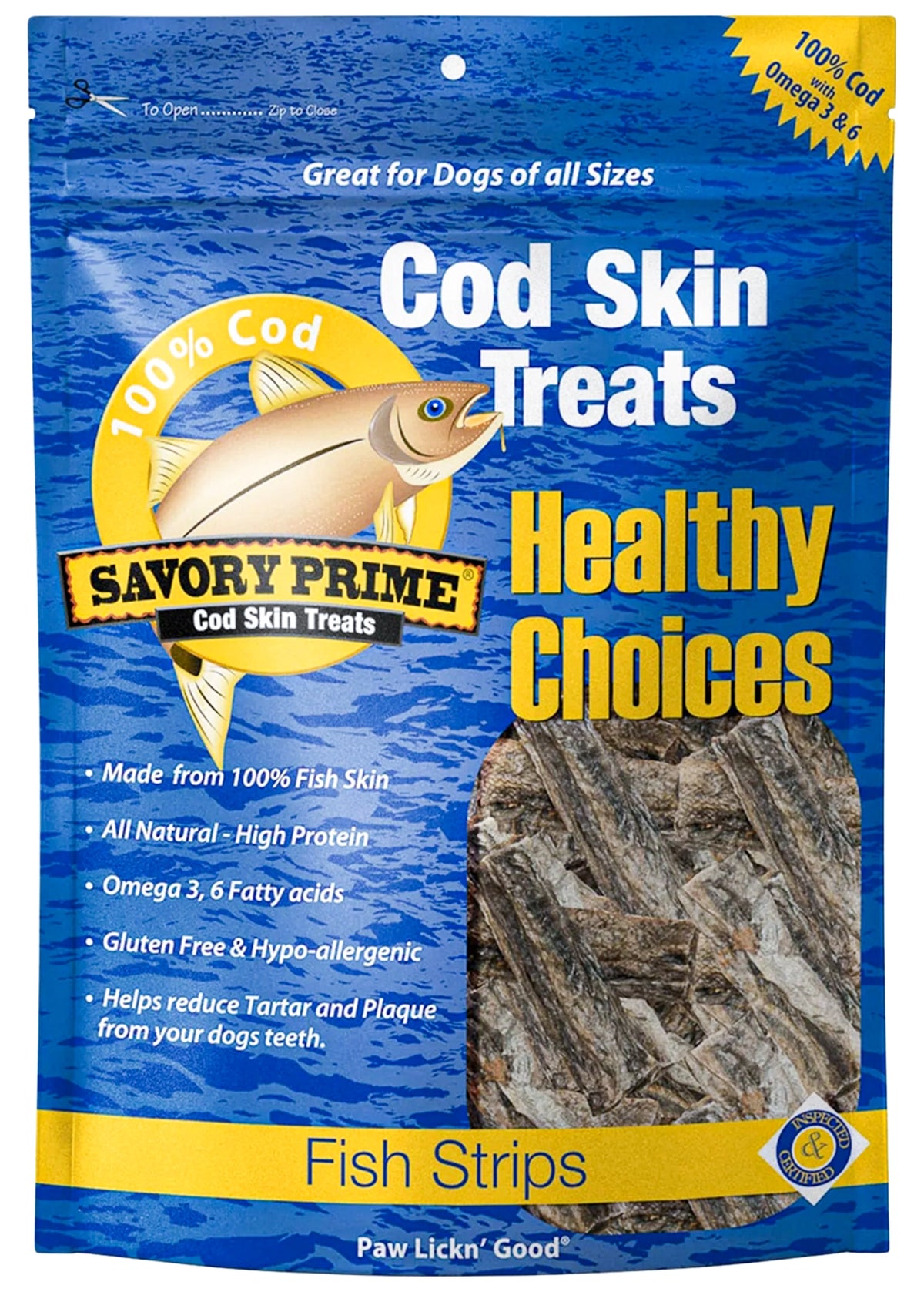 Front of Savory Prime Cod Skin Fish Strips Dog Treats 8-oz