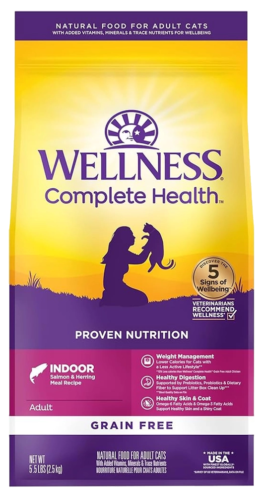 Front of Wellness Complete Health Grain-Free Indoor Adult Dry Cat Food Salmon & Herring Meal Recipe 5.5-lb