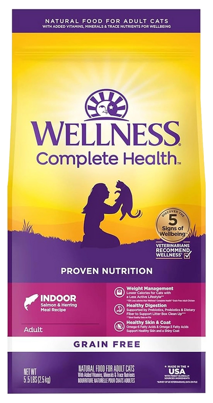 Front of Wellness Complete Health Grain-Free Indoor Adult Dry Cat Food Salmon & Herring Meal Recipe 5.5-lb