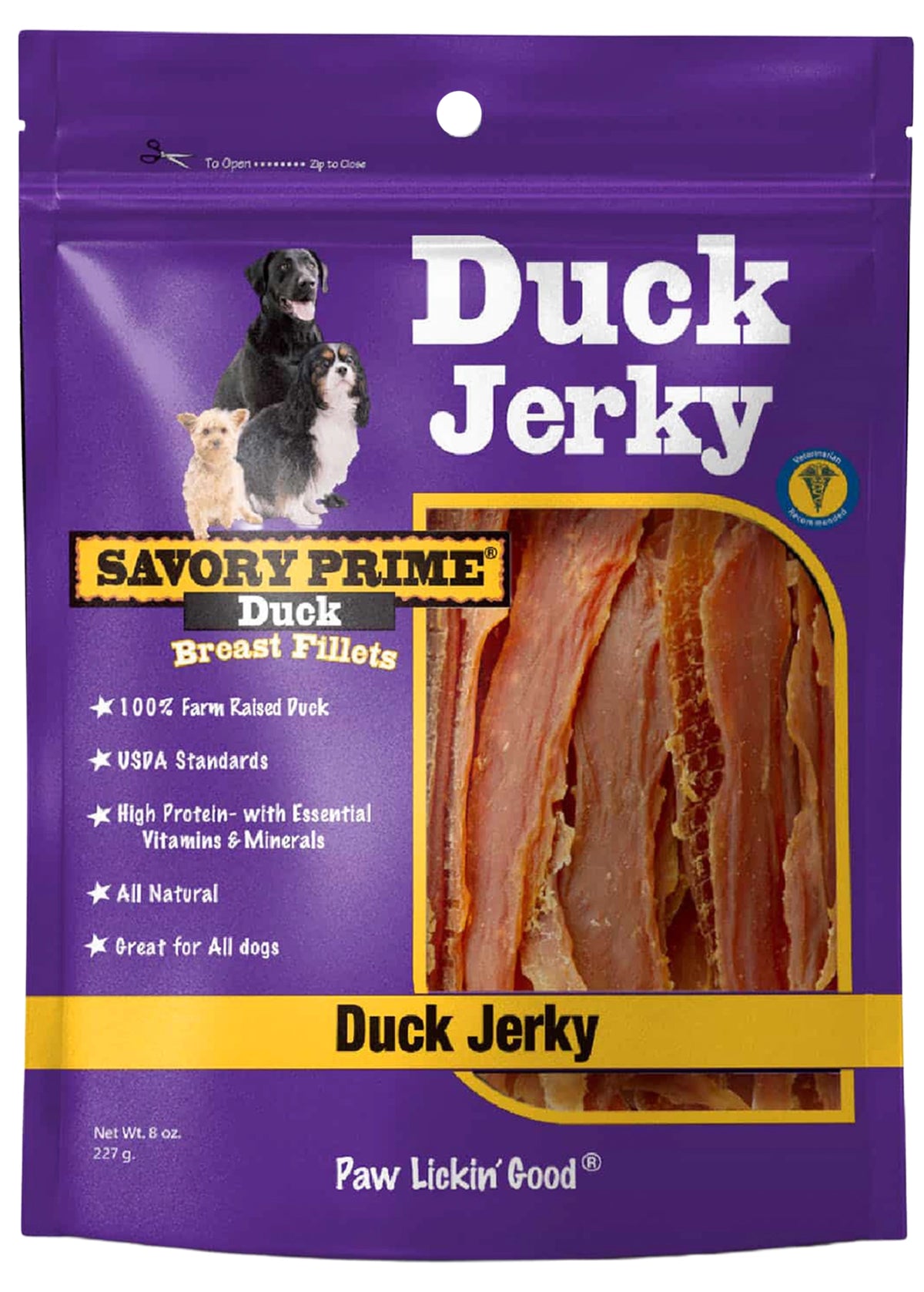 Front of Savory Prime Natural Duck Jerky Dog Treats 8-oz