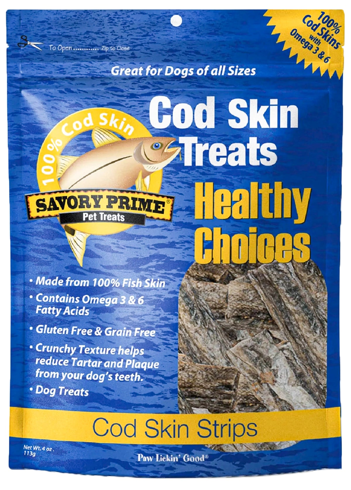Front of Savory Prime Cod Skin Fish Strips Dog Treats 4-oz