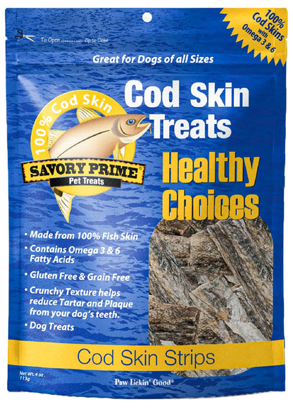 Front of Savory Prime Cod Skin Fish Strips Dog Treats 4-oz