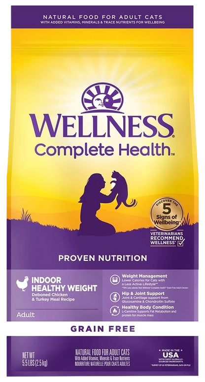Front of Wellness Complete Health Grain-Free Indoor Healthy Weight Adult Dry Cat Food Deboned Chicken & Turkey Meal Recipe 5.5-lb