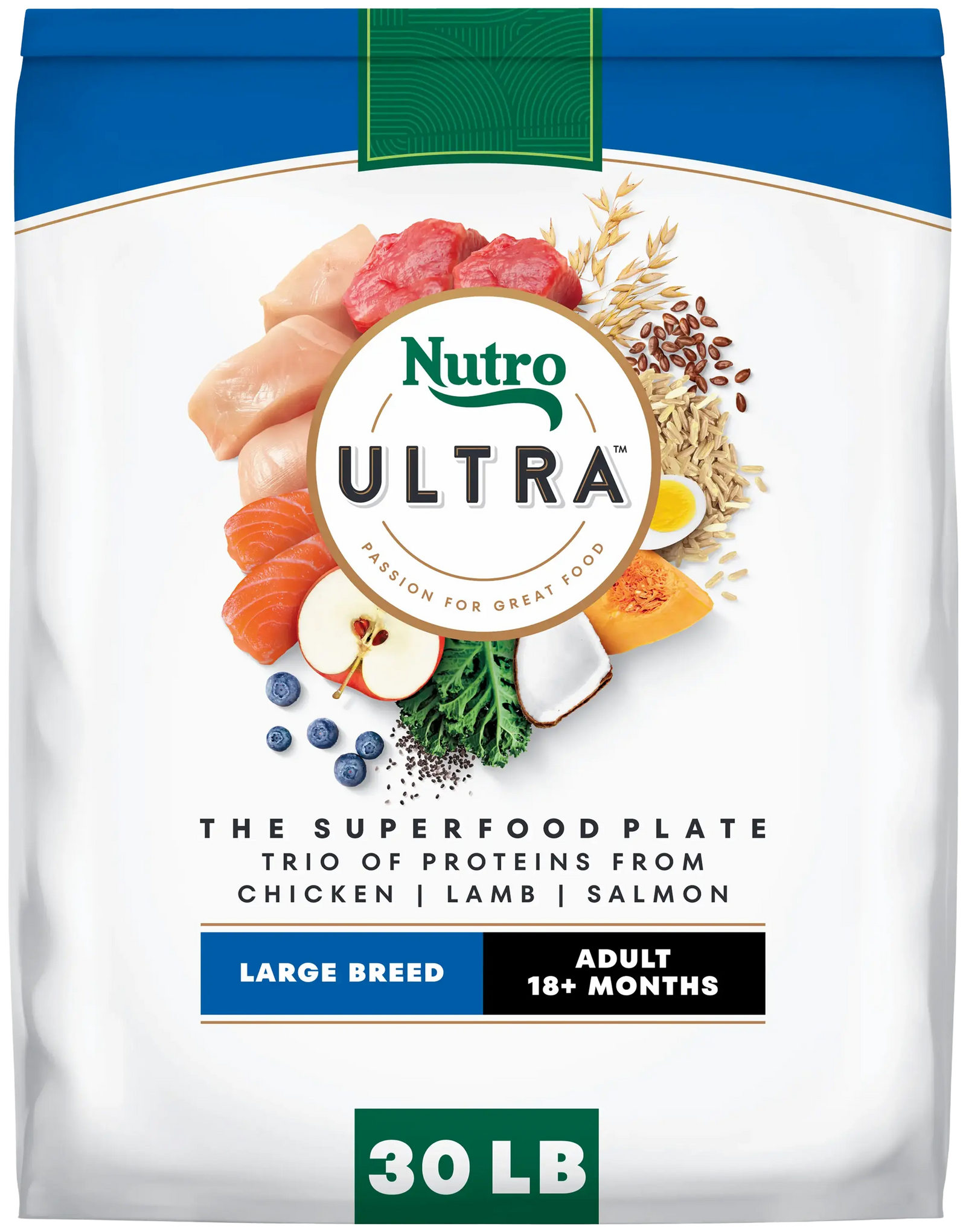 Front of Nutro Ultra Trio of Proteins from Chicken, Lamb & Salmon Large Breed Adult Dry Dog Food 30-lb