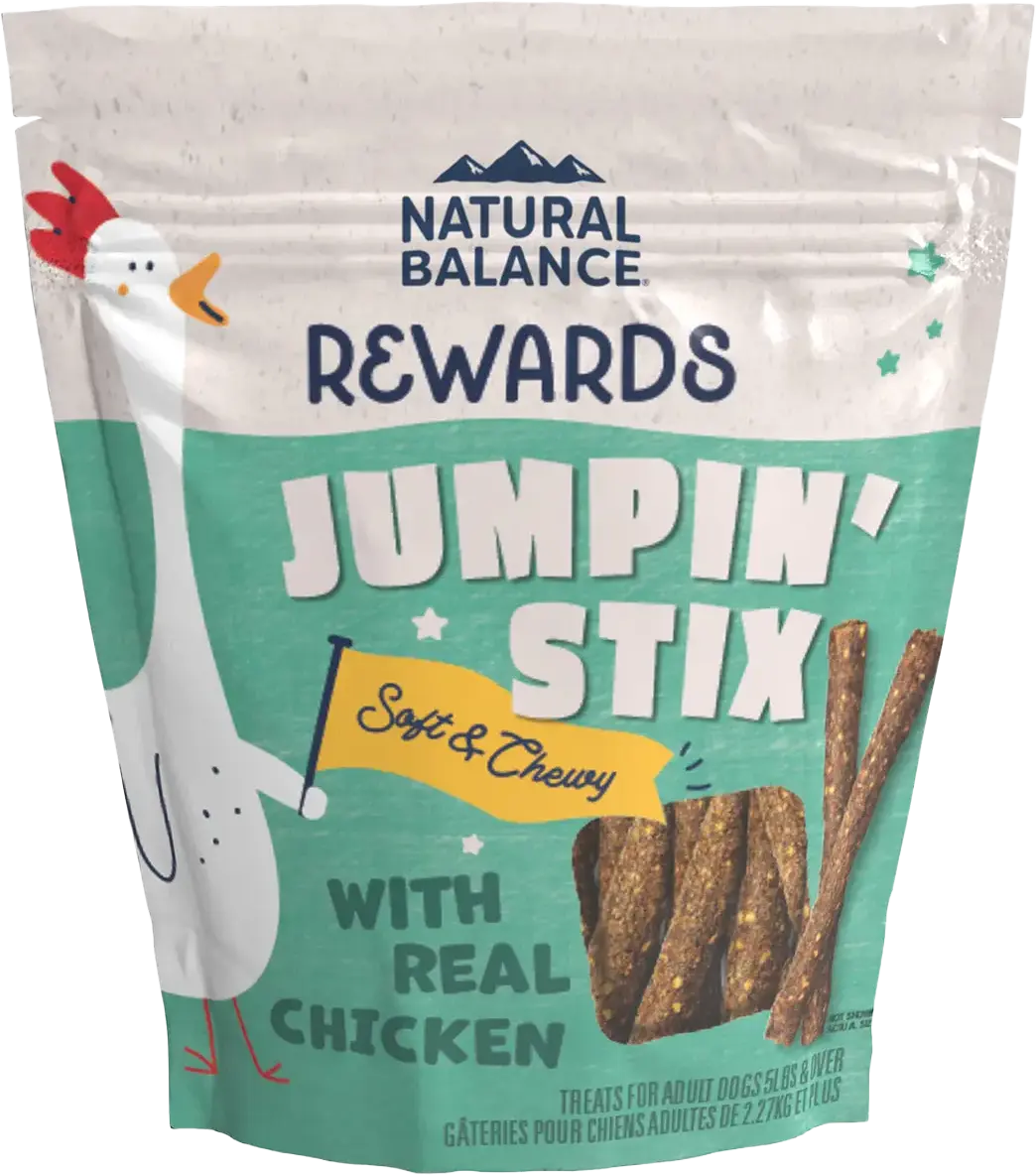 Front of Natural Balance Pet Foods Rewards Jumpin' Stix Soft & Meaty Dog Treats Chicken 10-oz